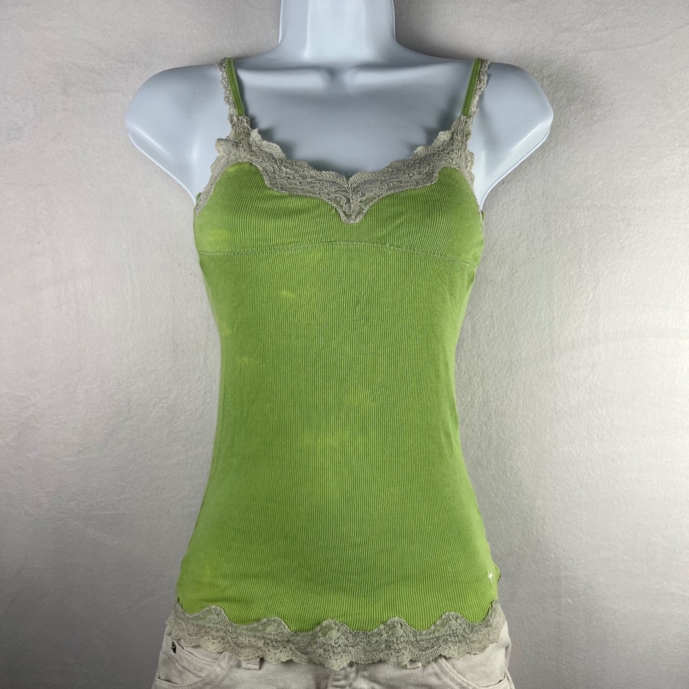 Vintage Abercrombie Baby Doll Green Ribbed Lace Trim Camisole Tank Top Women's M